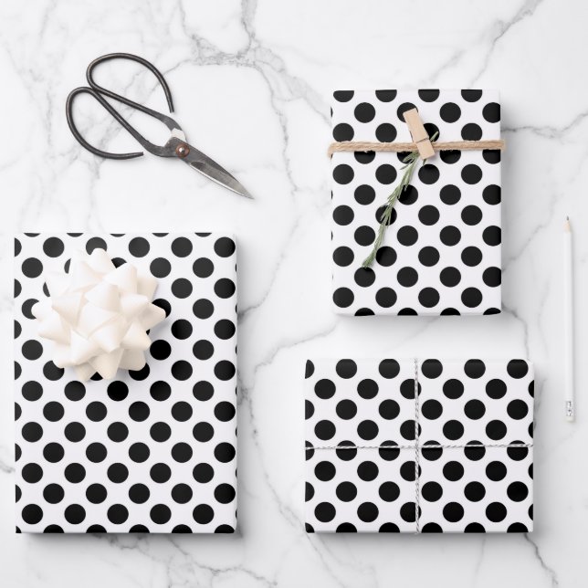Polka Dots, Polka Dot Pattern, Black and White Wrapping Paper Sheet (Front)