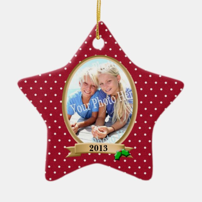 Polka Dots Red and Holly Photo Frame Ceramic Ornament (Front)