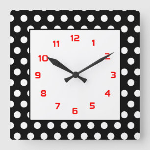 Polka Dots Squared- Black, White & Red Square Wall Clock