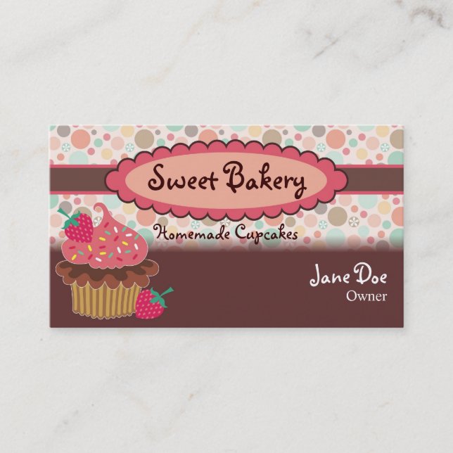 Polka Dots Strawberry Cupcake Business Cards (Front)