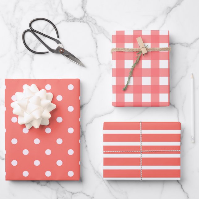 Polka Dots, Stripes and Gingham Patterns in Coral Wrapping Paper Sheet (Front)