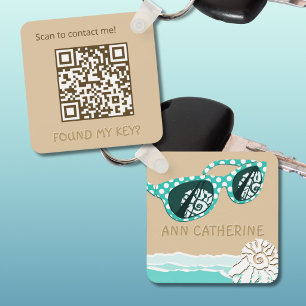 Polka Dots Sun Glasses Beach Name Smart Dynamic QR Keychain