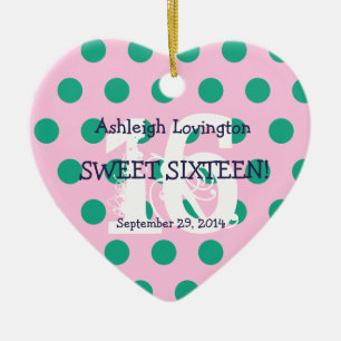 Polka Dots Sweet 16 Birthday V05A PINK GREEN Ceramic Ornament