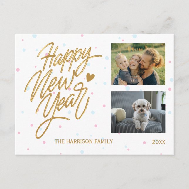 Polka Dots Two Photos New Year Gold Calligraphy Postcard (Front)