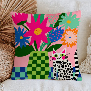 Polka Dots White Cat with Flowers Colourful Feline Throw Pillow