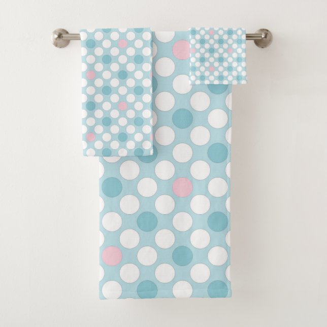 Polka dots white pink blue retro bath towel set (Insitu)