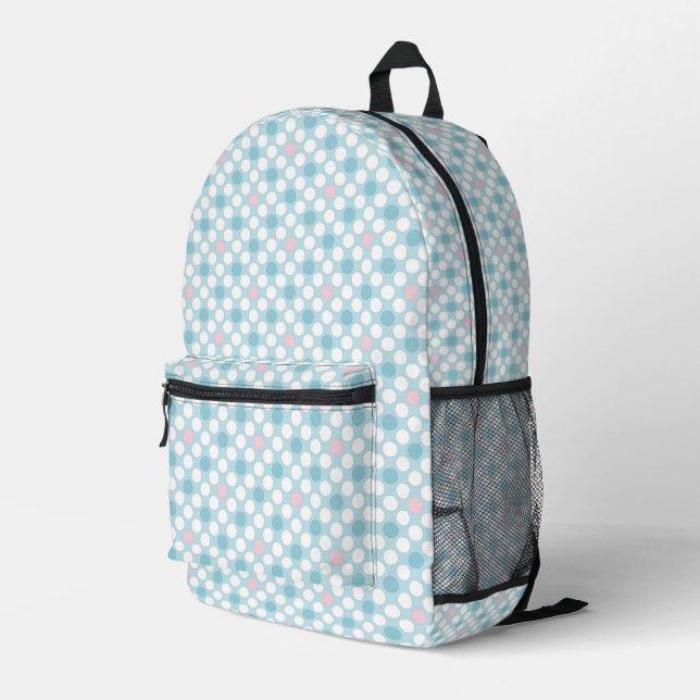 Polka dots white pink blue retro printed backpack (Back Corner Right)