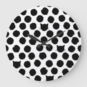 Polka Dots with Cat Faces: Playful Vintage. Large Clock