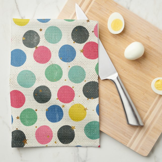 Polka Dots with Gold Stars, multi-coloured Kitchen Towel (Quarter Fold)