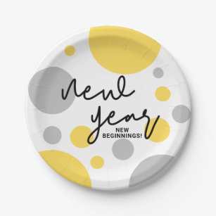 Polka dots Yellow Grey of New Year New Beginnings Paper Plate
