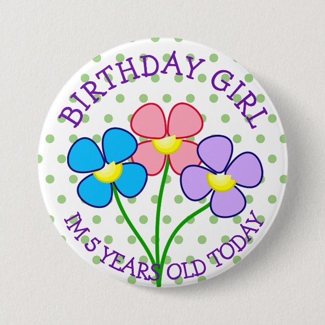 Polka Dotted Birthday Girl Button 5 Years (Front)