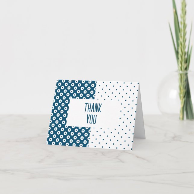 Polka-Dotted Blue and White Colour Block Thank You Note Card (Front)