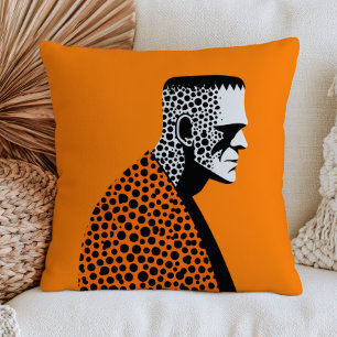 Polka Dotted Frankenstein Monster Orange Halloween Throw Pillow