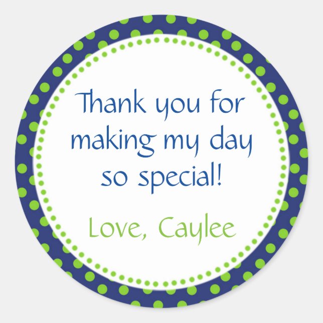 Polka Green Navy Blue Round Thank You Sticker (Front)
