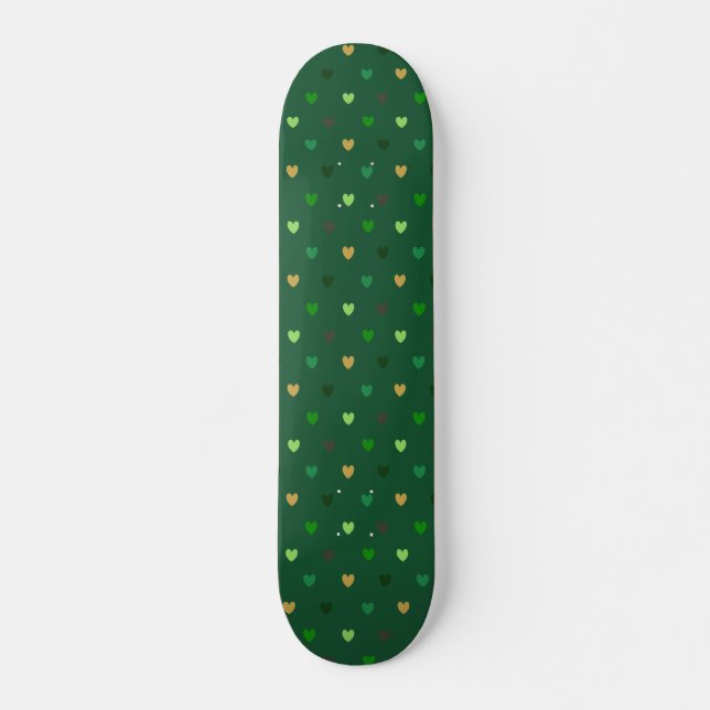 Polka hearts on forest green skateboard (Front)