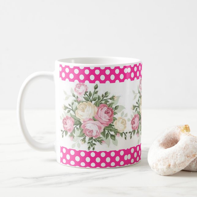 Polka point rose floral Mug (Avec donut)
