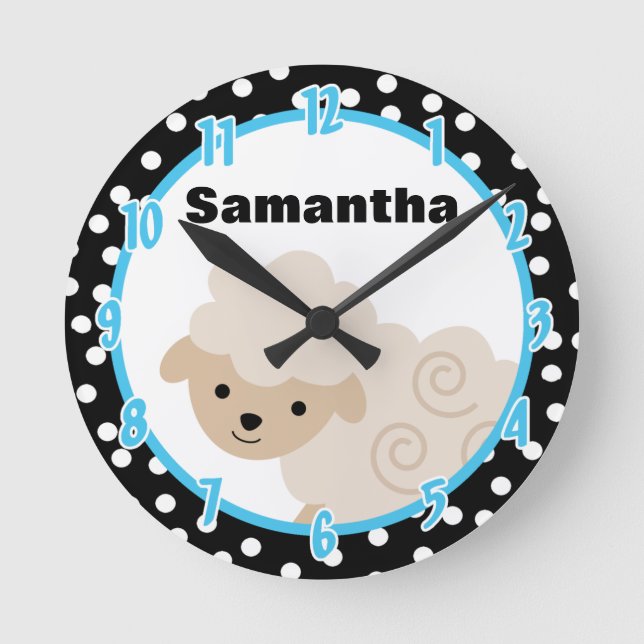 Polkadot Blue Country Farm Sheep Lamb Clock (Front)
