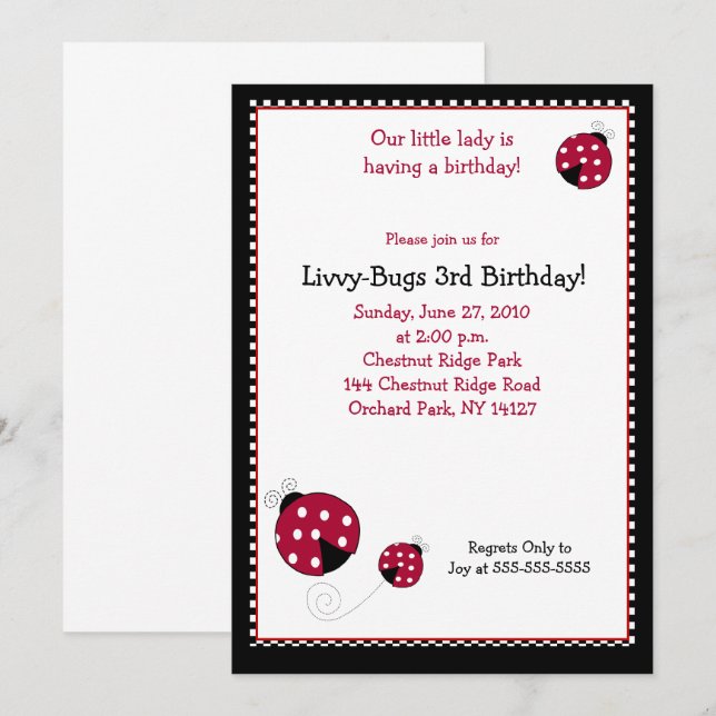 Polkadot Ladybug 5x7 Birthday Invitation (Front/Back)