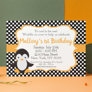 Polkadot Penguin Birthday Invitation