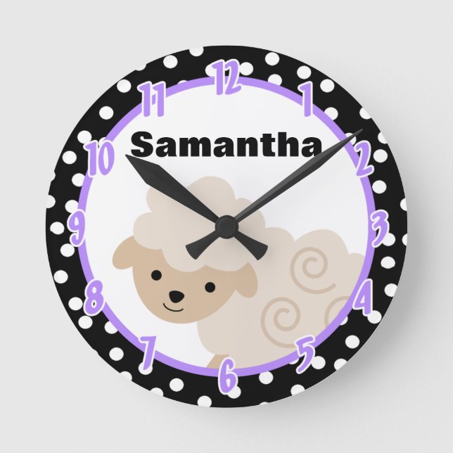 Polkadot Purple Country Farm Sheep Lamb Clock (Front)