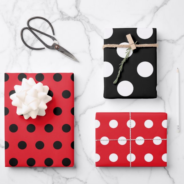 Polkadot Wrapping Papers - Red and Black Polkadots Wrapping Paper Sheet (Front)