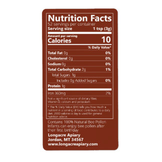 Pollen d'abeilles Nutrition Facts Étiquette d'ambr