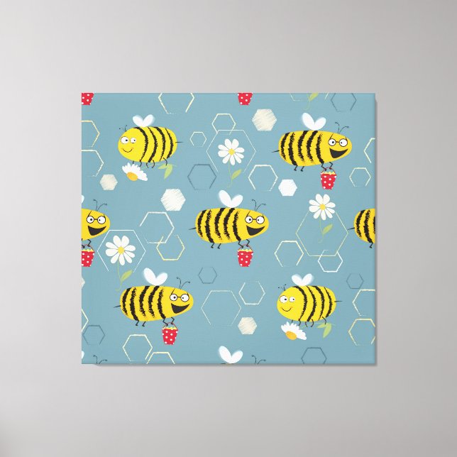 Pollinating Bees, Flowering Garden Scene. Canvas Print (Front)