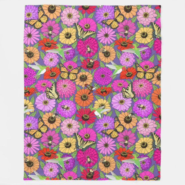 pollinators and zinnias fleece blanket (Front)