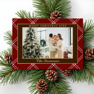 Polo Equestrian Red Burgundy Plaid Photo Christmas Foil Holiday Card