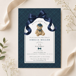 Polo Teddy Bear Bow Plaid Boy Baby Shower Invitation