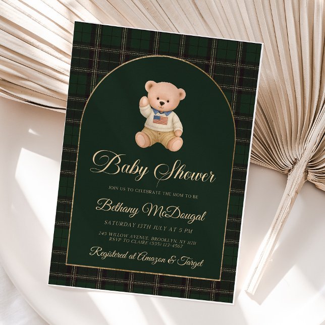 Polo Teddy Bear Tartan Preppy Baby Shower (polo bear invitation, green tartan baby shower, preppy baby shower, foil invitation, classic baby sh)