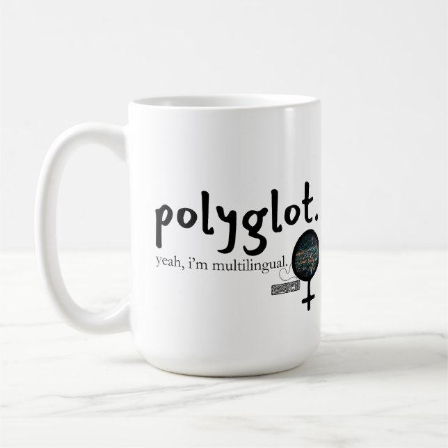 Polyglot Multilingual Customizable (Women in Tech) Coffee Mug (Left)