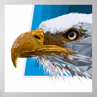 Polygon eagle head with blue shape background poster