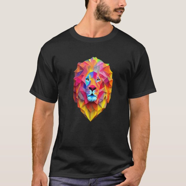 Polygon Lion Head Colourful Mane King Of The Jungl T-Shirt (Front)