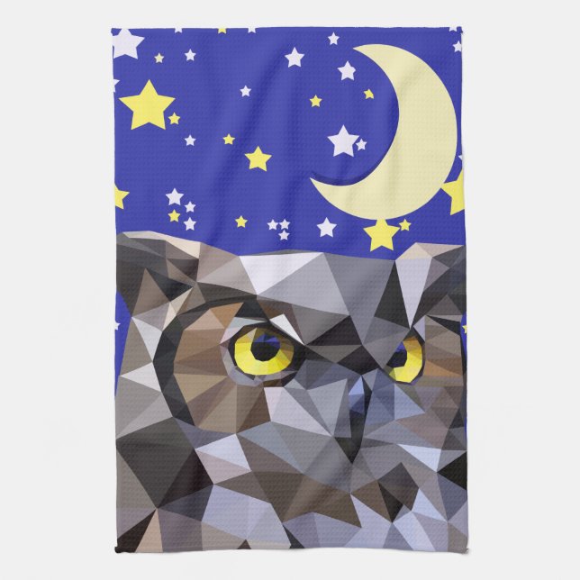 Polygon Owl and Starry Night Sky Kitchen Towel (Vertical)