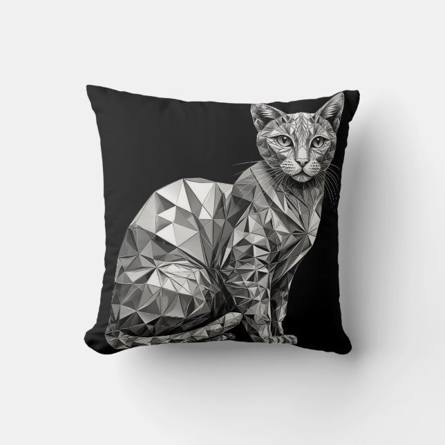 Polygonal Artwork of a Cat Showing Geometric Desig Throw Pillow (Front)