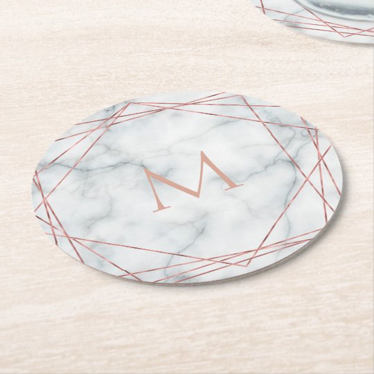 Polygonal Rose Gold Monogram On White Marble Stone Round Paper