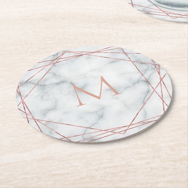 polygonal rose gold monogram on white marble stone round paper coaster (Angled)