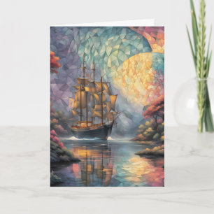 Polygonal Sailing Ship and Full Moon Father's Day Holiday Card