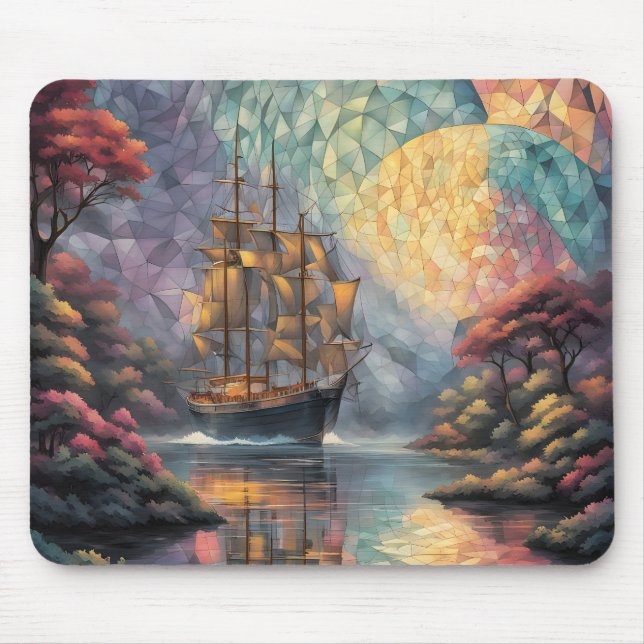 Polygonal Sailing Ship and Full Moon Mouse Pad (Front)