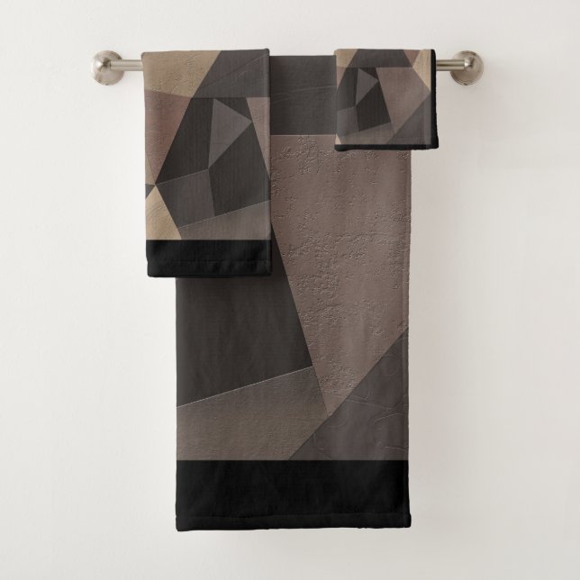 Polygonal triangles geometrical print brown colour bath towel set (Insitu)