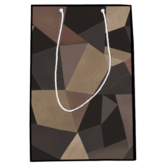 Polygonal triangles geometrical print brown colour medium gift bag (Front)