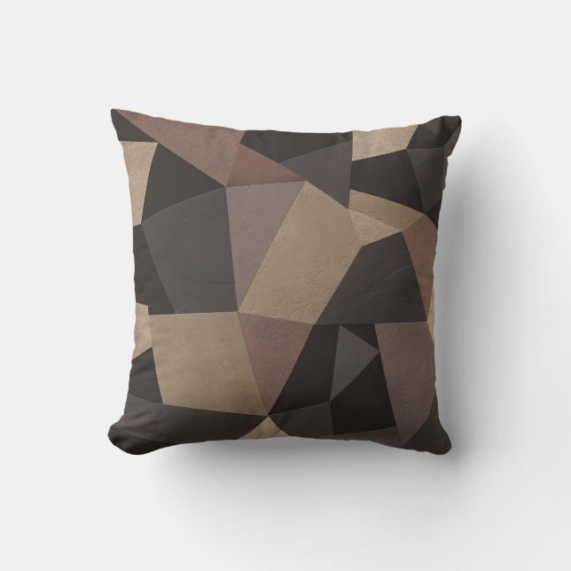 Polygonal triangles geometrical print brown colour throw pillow (Front)