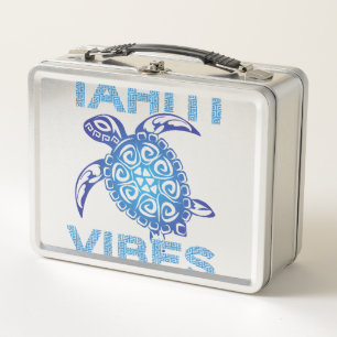Polynesian Blue Tribal Sea Turtle Tahiti Vibes Metal Lunch Box