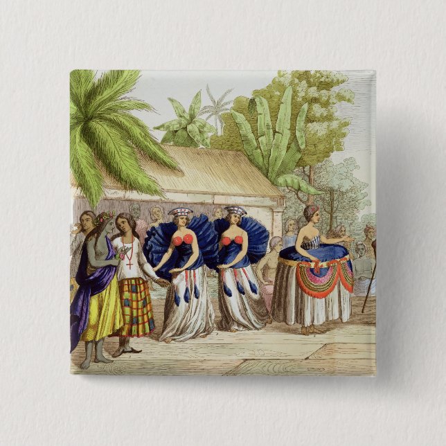 Polynesian Dancing Girls, engraved by A. Bernati ( 2 Inch Square Button (Front)