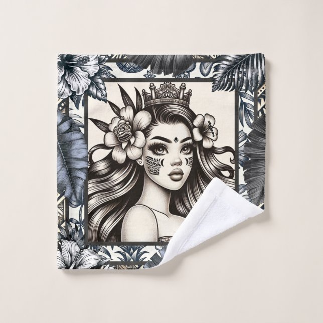 Polynesian Princess Blue Floral Tribal Bath Towel Set (Wash Cloth)