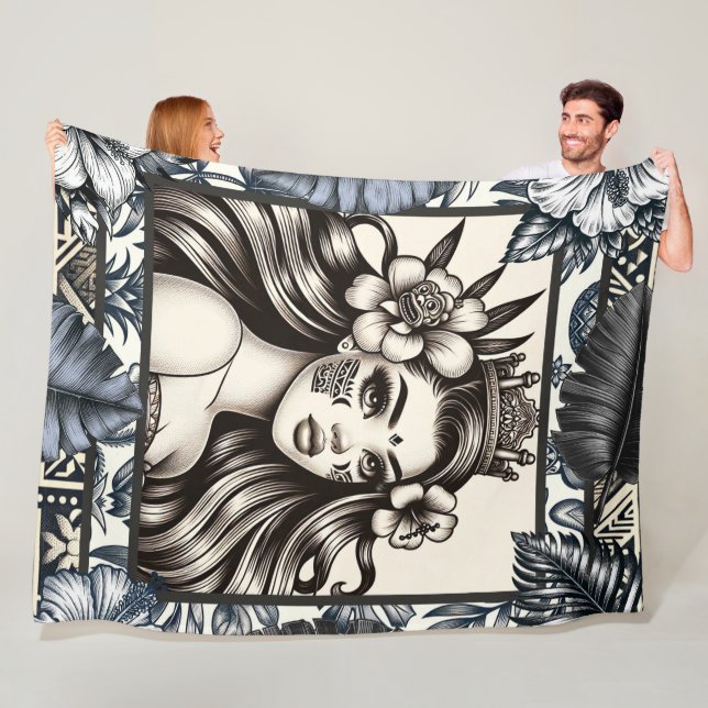 Polynesian Princess Blue Floral Tribal Fleece Blanket (In Situ)