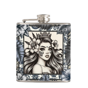 Polynesian Princess Blue Floral Tribal Hip Flask