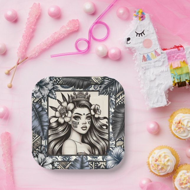 Polynesian Princess Blue Floral Tribal Paper Plate (Party)