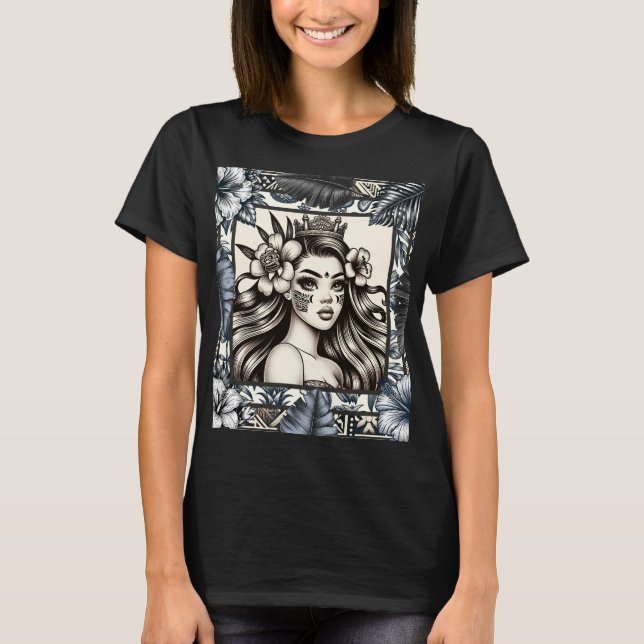 Polynesian Princess Blue Floral Tribal T-Shirt (Front)